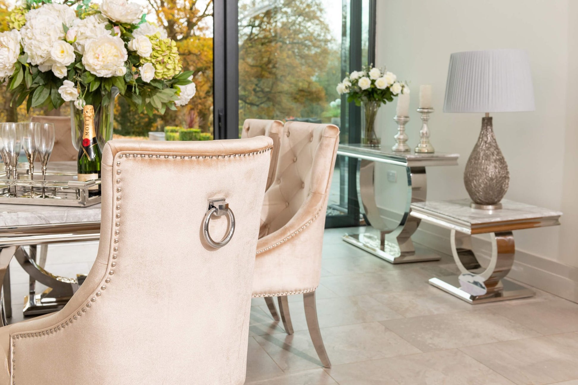 Arianna Grey Marble Dining Table with 4 or 6 Cheshire Chairs Champage - The Outlet Home