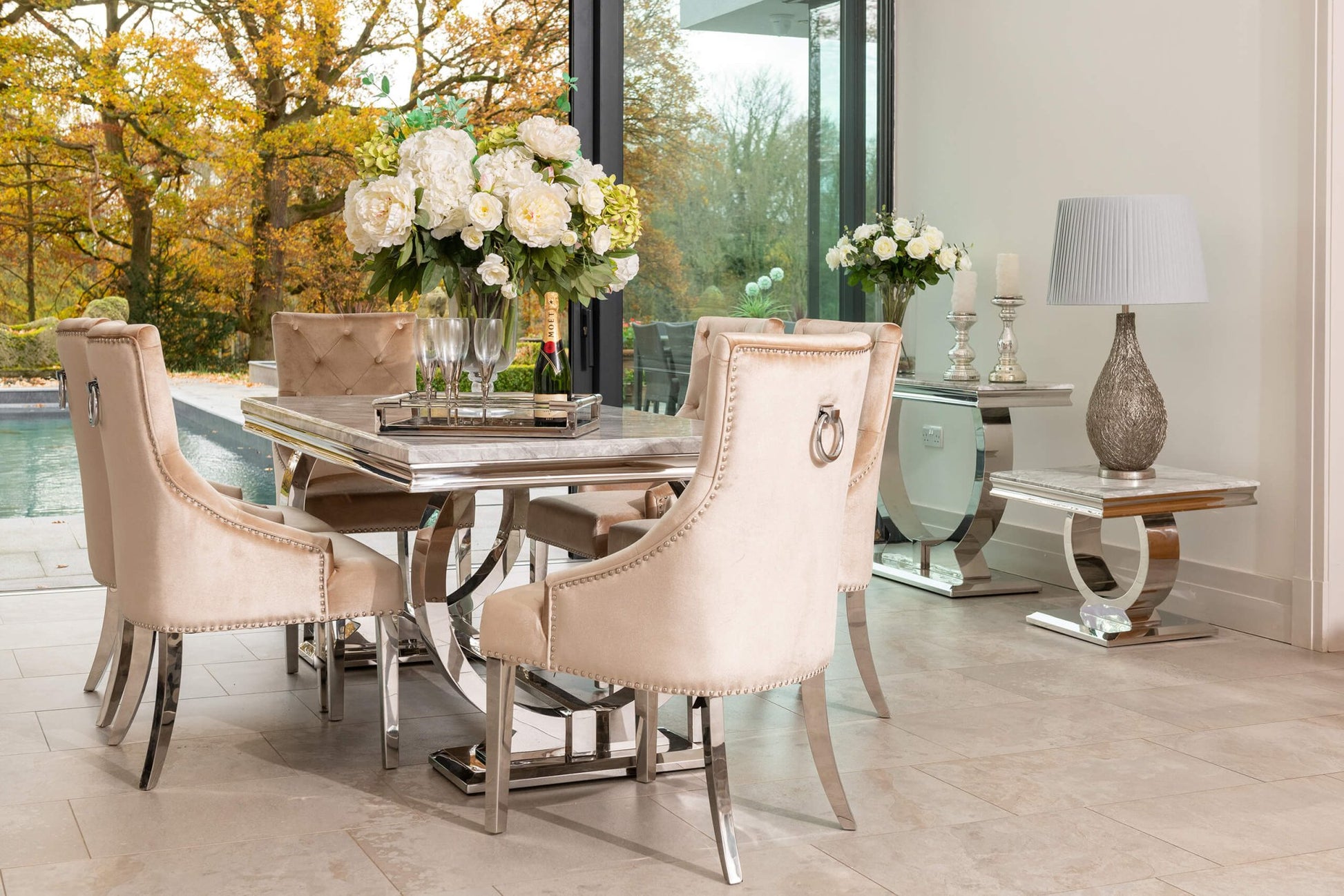 Arianna Grey Marble Dining Table with 4 or 6 Cheshire Chairs Champage - The Outlet Home
