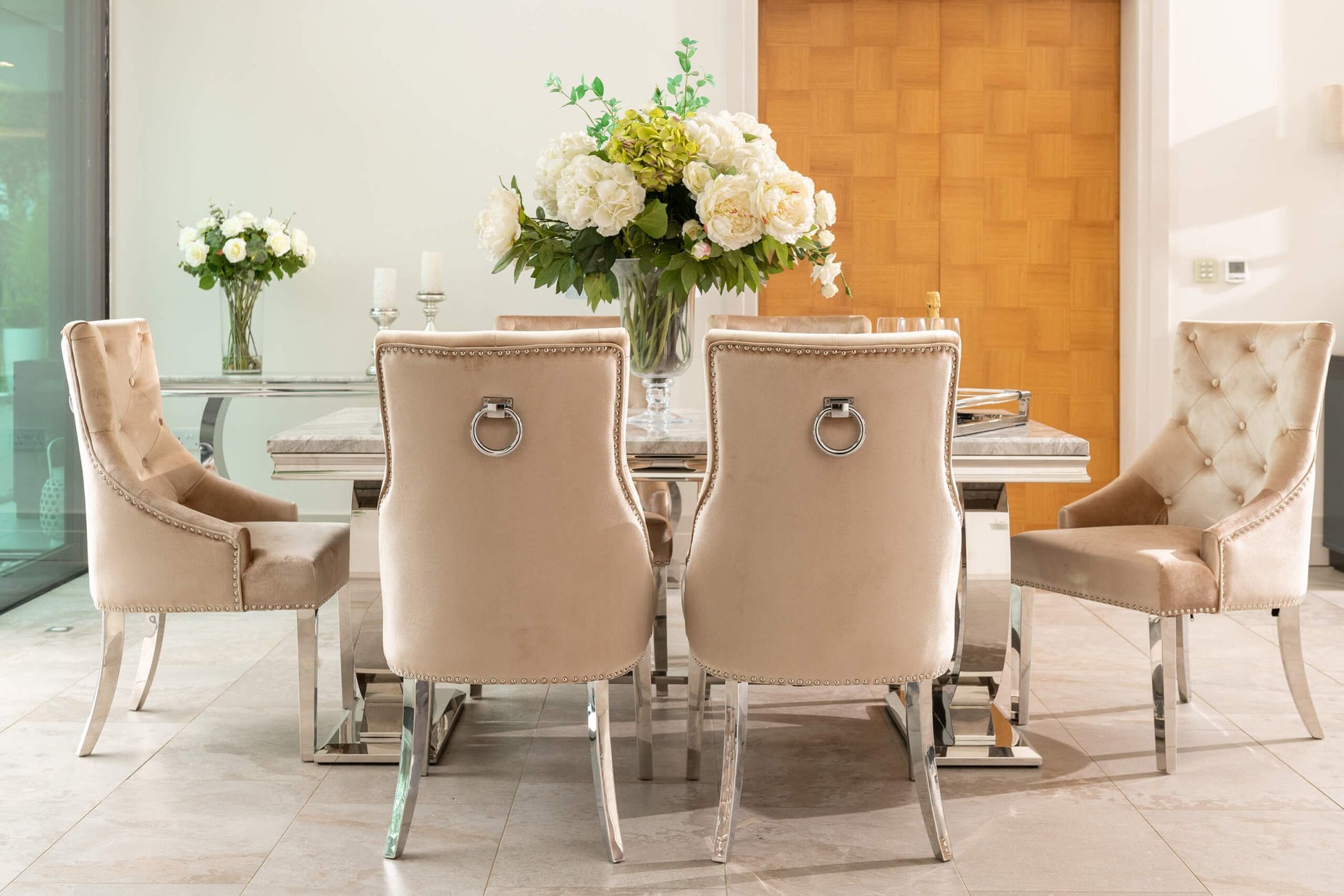 Arianna Grey Marble Dining Table with 4 or 6 Cheshire Chairs Champage - The Outlet Home