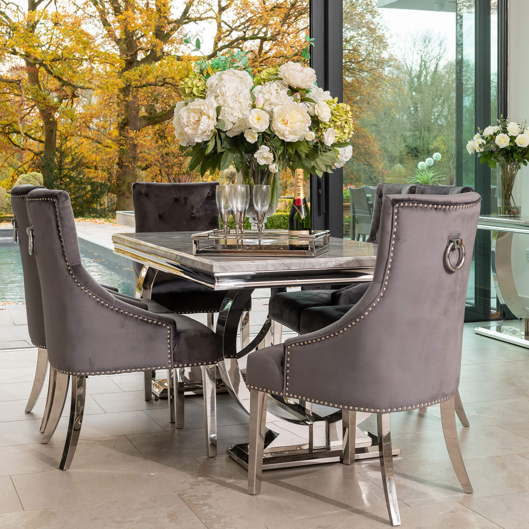 Arianna Grey Marble Dining Table with 4 or 6 Cheshire Chairs Dark Grey - The Outlet Home
