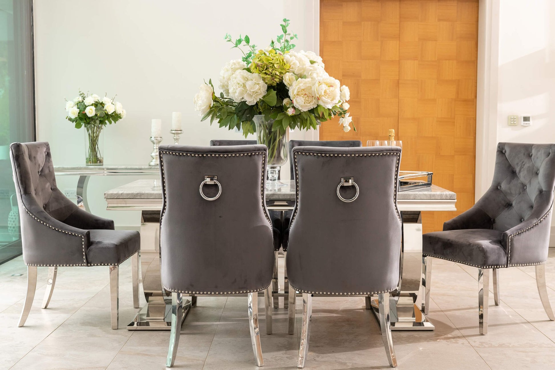 Arianna Grey Marble Dining Table with 4 or 6 Cheshire Chairs Dark Grey - The Outlet Home