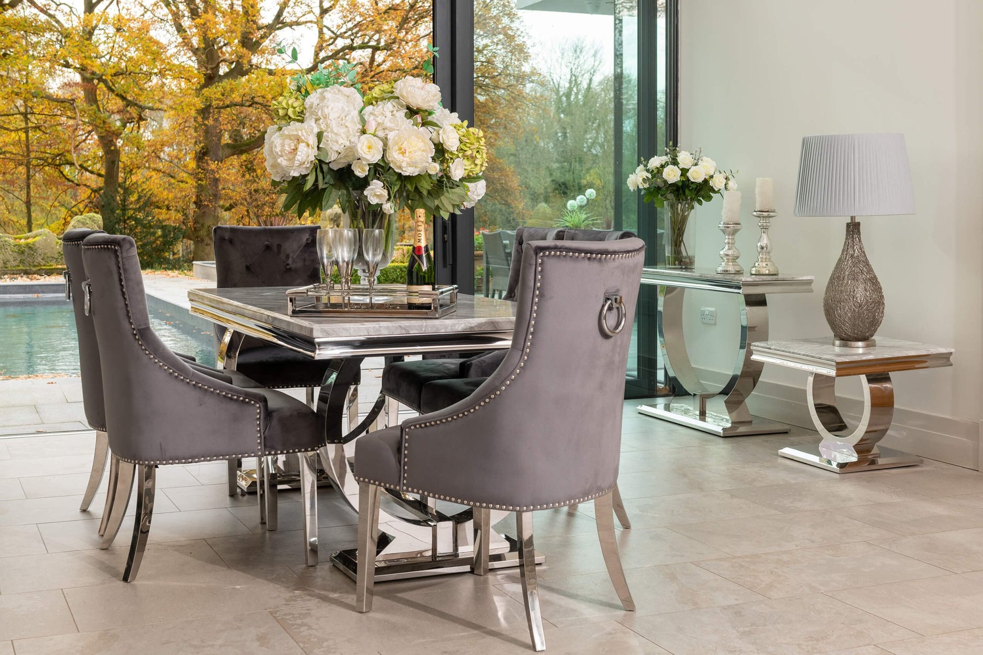 Arianna Grey Marble Dining Table with 4 or 6 Cheshire Chairs Dark Grey - The Outlet Home