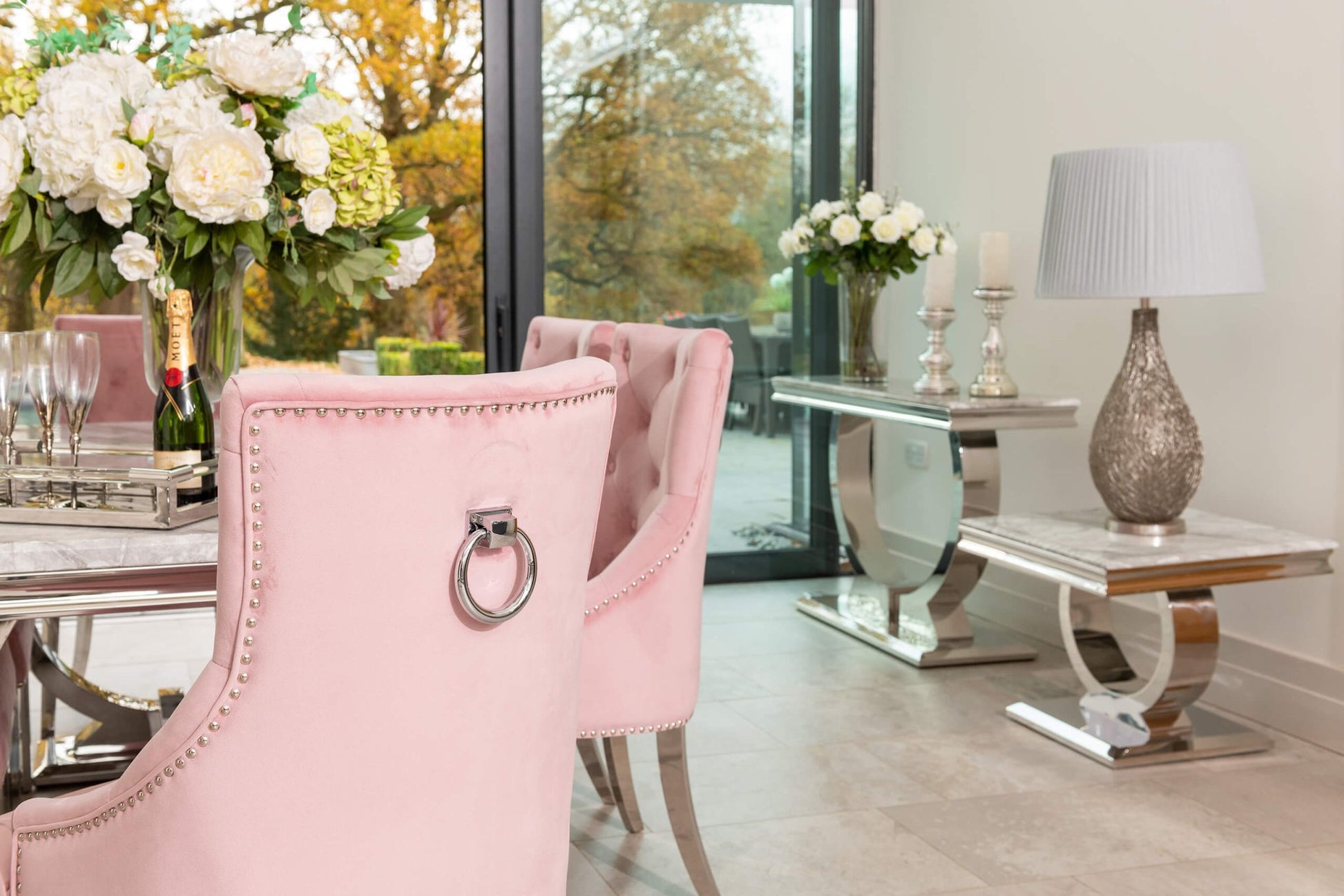 Arianna Grey Marble Dining Table with 4 or 6 Cheshire Chairs Pink - The Outlet Home