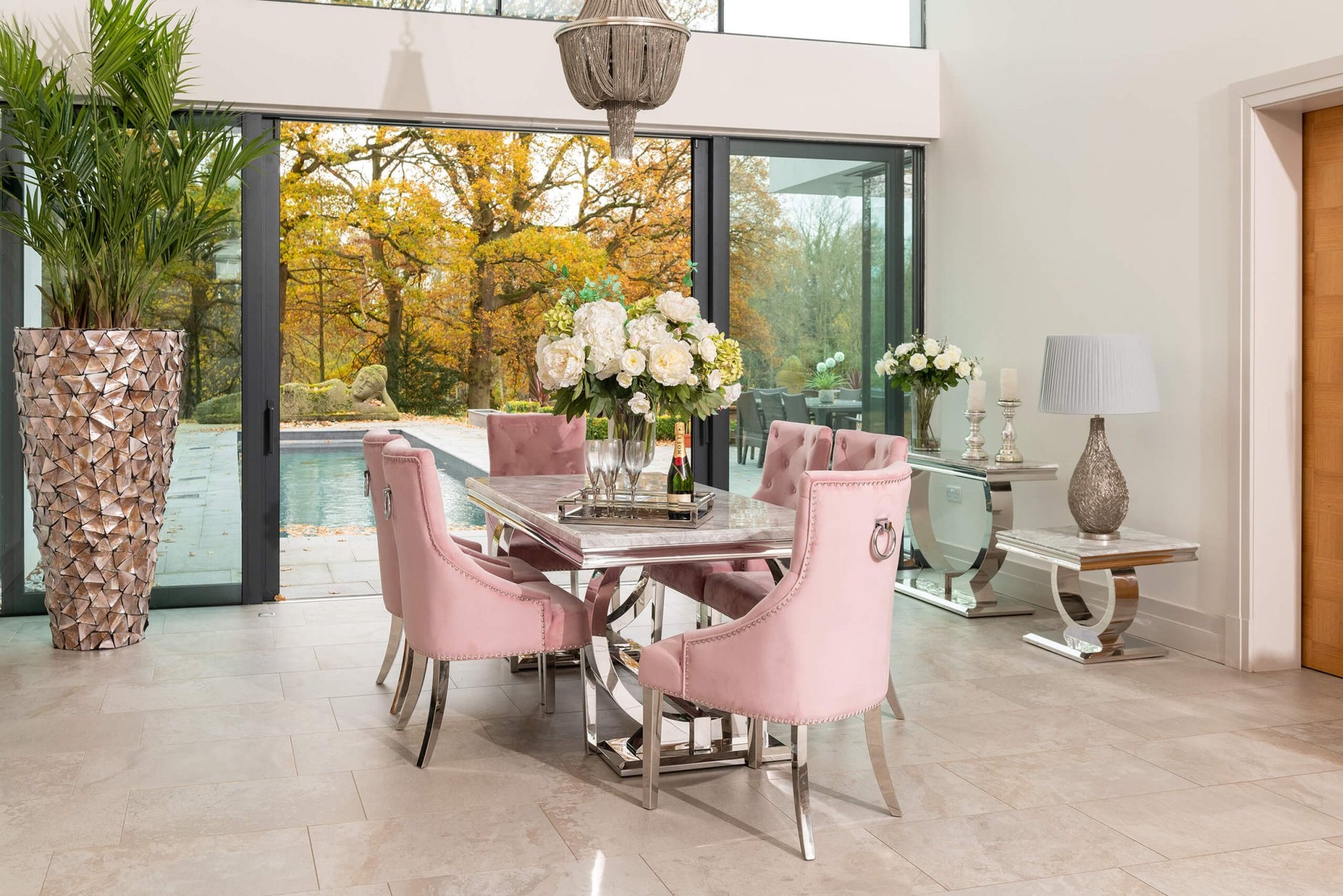Arianna Grey Marble Dining Table with 4 or 6 Cheshire Chairs Pink - The Outlet Home