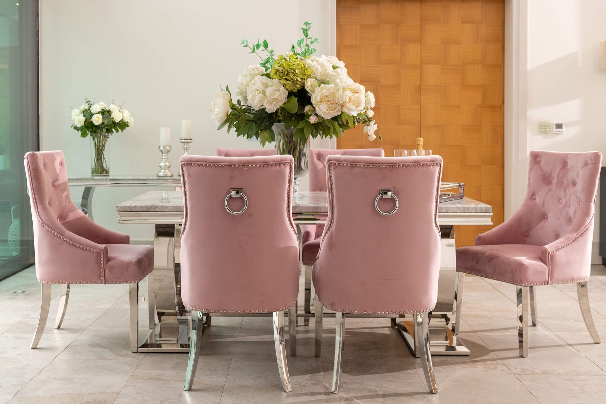 Arianna Grey Marble Dining Table with 4 or 6 Cheshire Chairs Pink - The Outlet Home