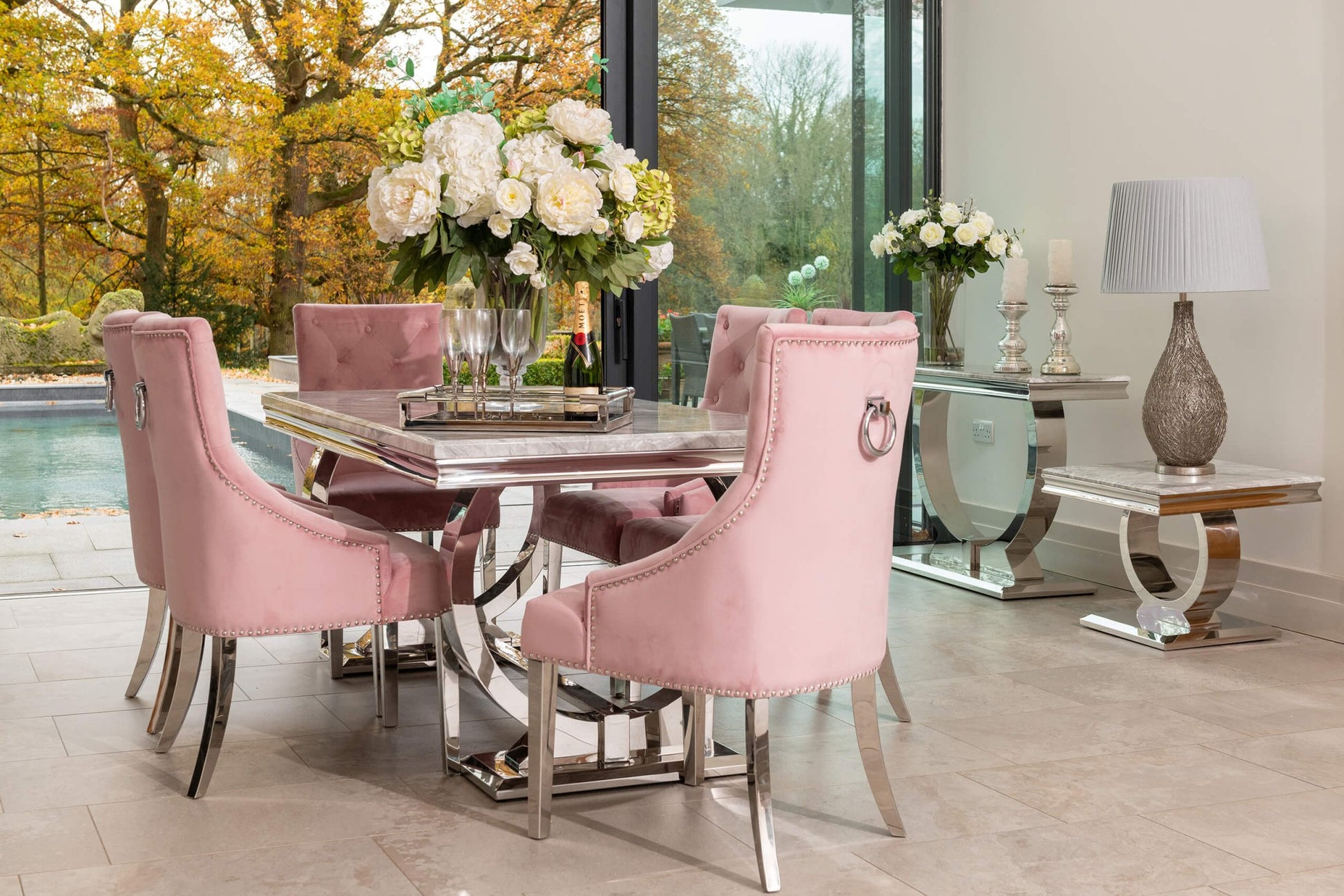 Arianna Grey Marble Dining Table with 4 or 6 Cheshire Chairs Pink - The Outlet Home