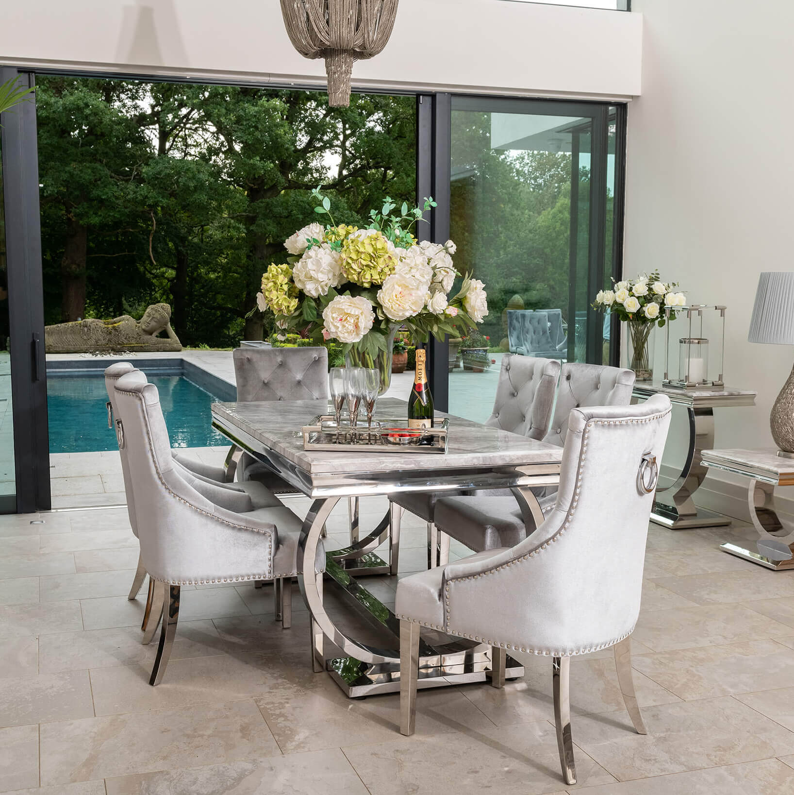 Arianna Grey Marble Dining Table with 4 or 6 Cheshire Chairs Silver Grey - The Outlet Home