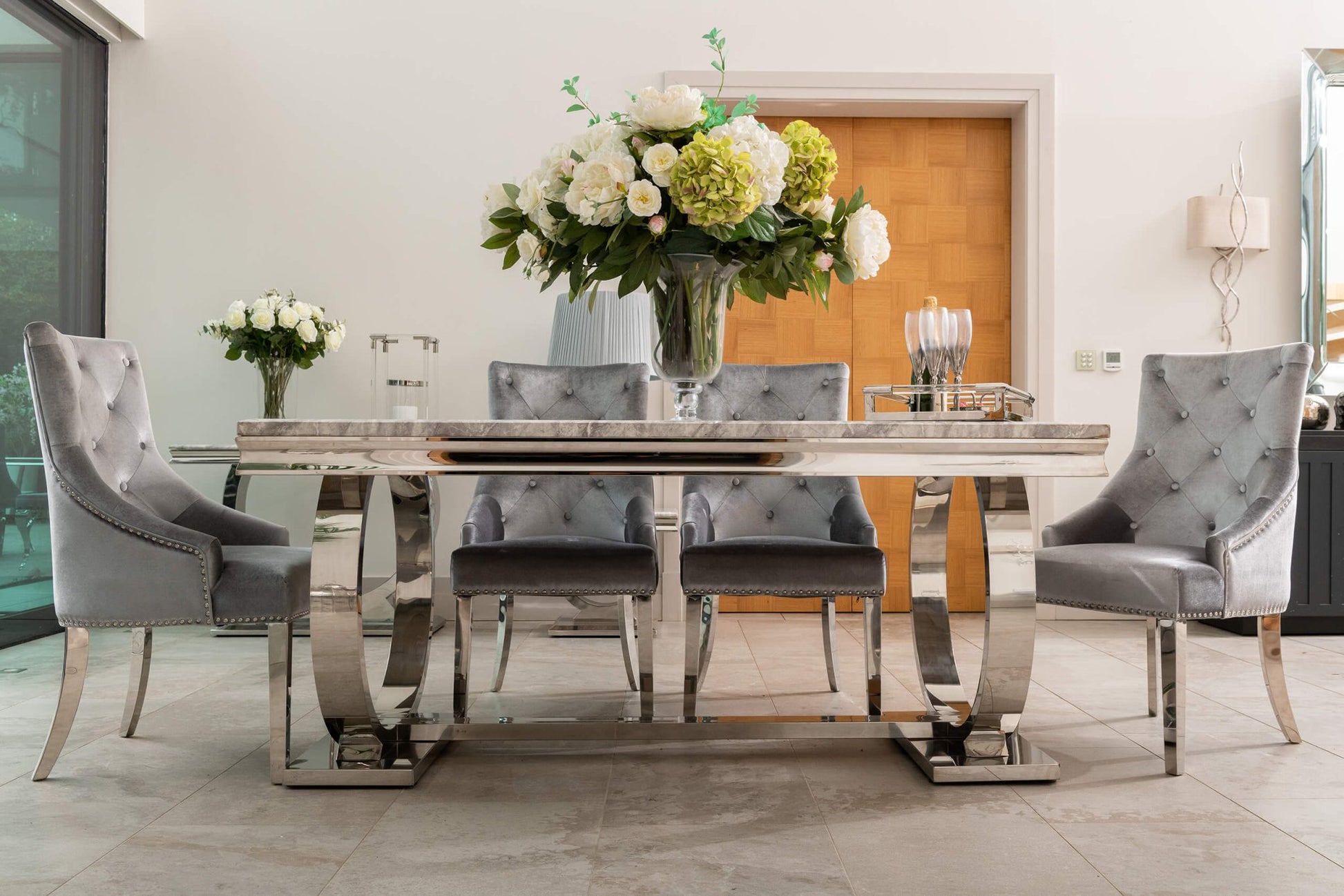 Arianna Grey Marble Dining Table with 4 or 6 Cheshire Chairs Silver Grey - The Outlet Home