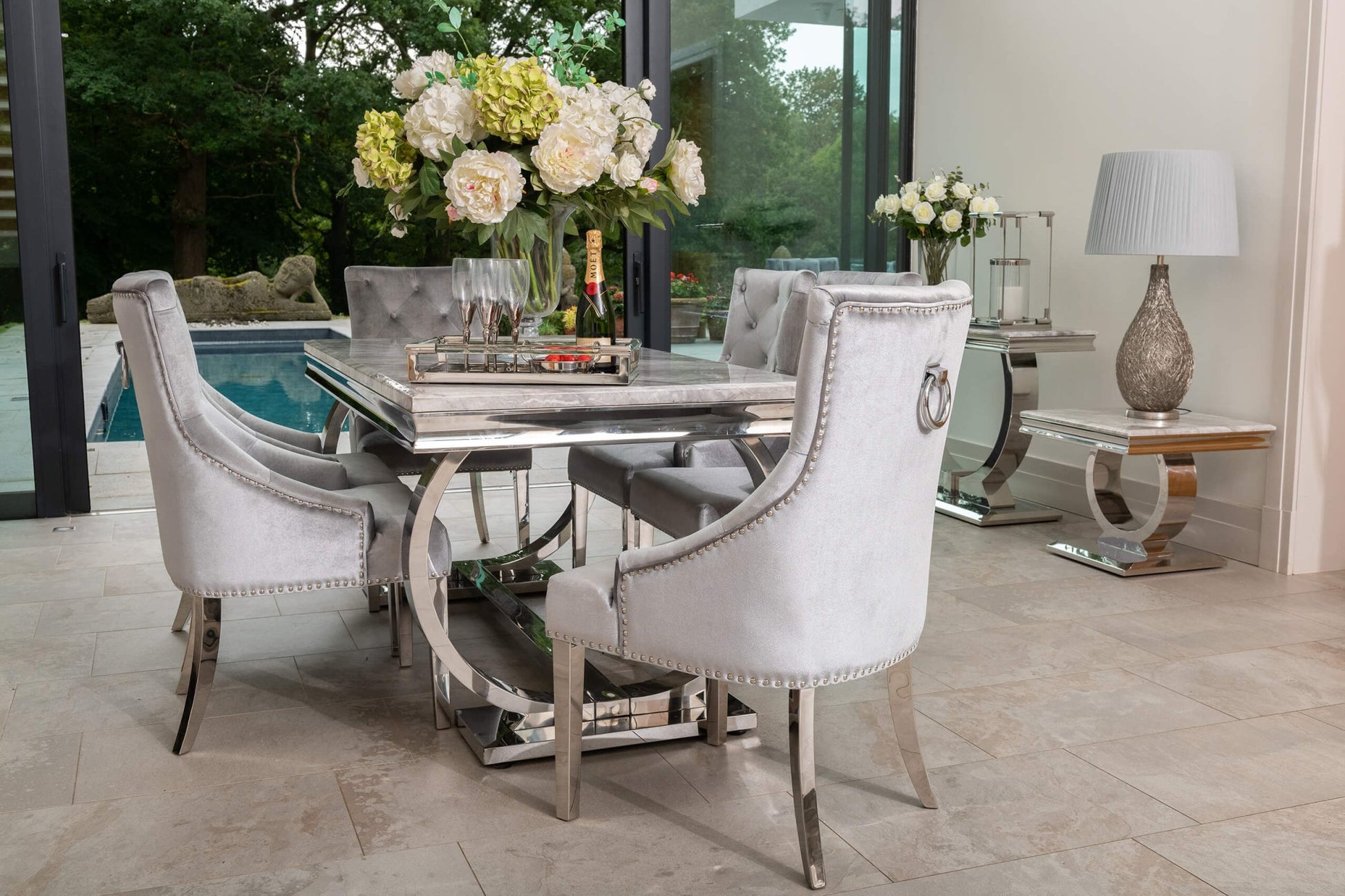 Arianna Grey Marble Dining Table with 4 or 6 Cheshire Chairs Silver Grey - The Outlet Home