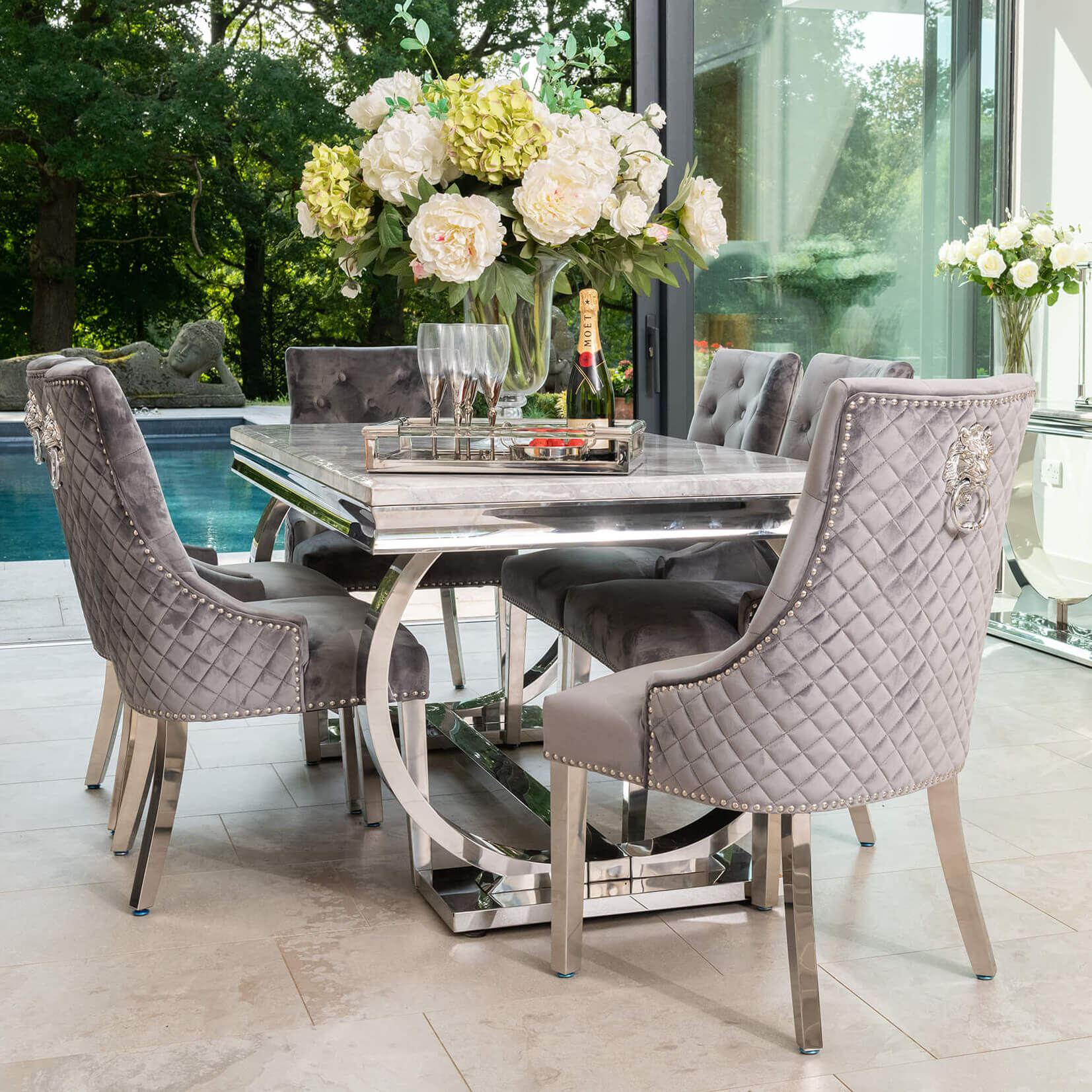 Arianna Grey Marble Dining Table with 4 or 6 Lion Knocker Chairs - The Outlet Home