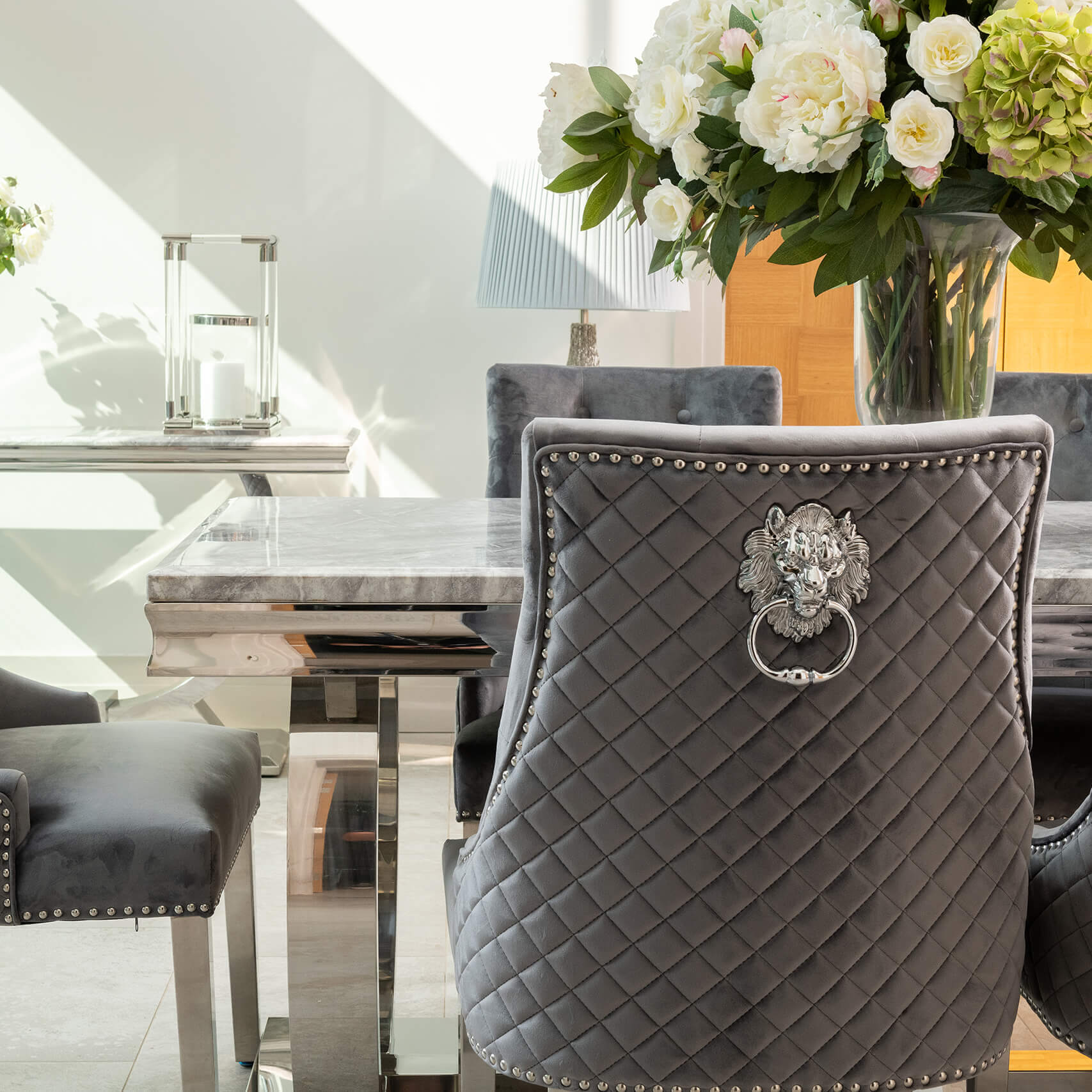 Arianna Grey Marble Dining Table with 4 or 6 Lion Knocker Chairs - The Outlet Home