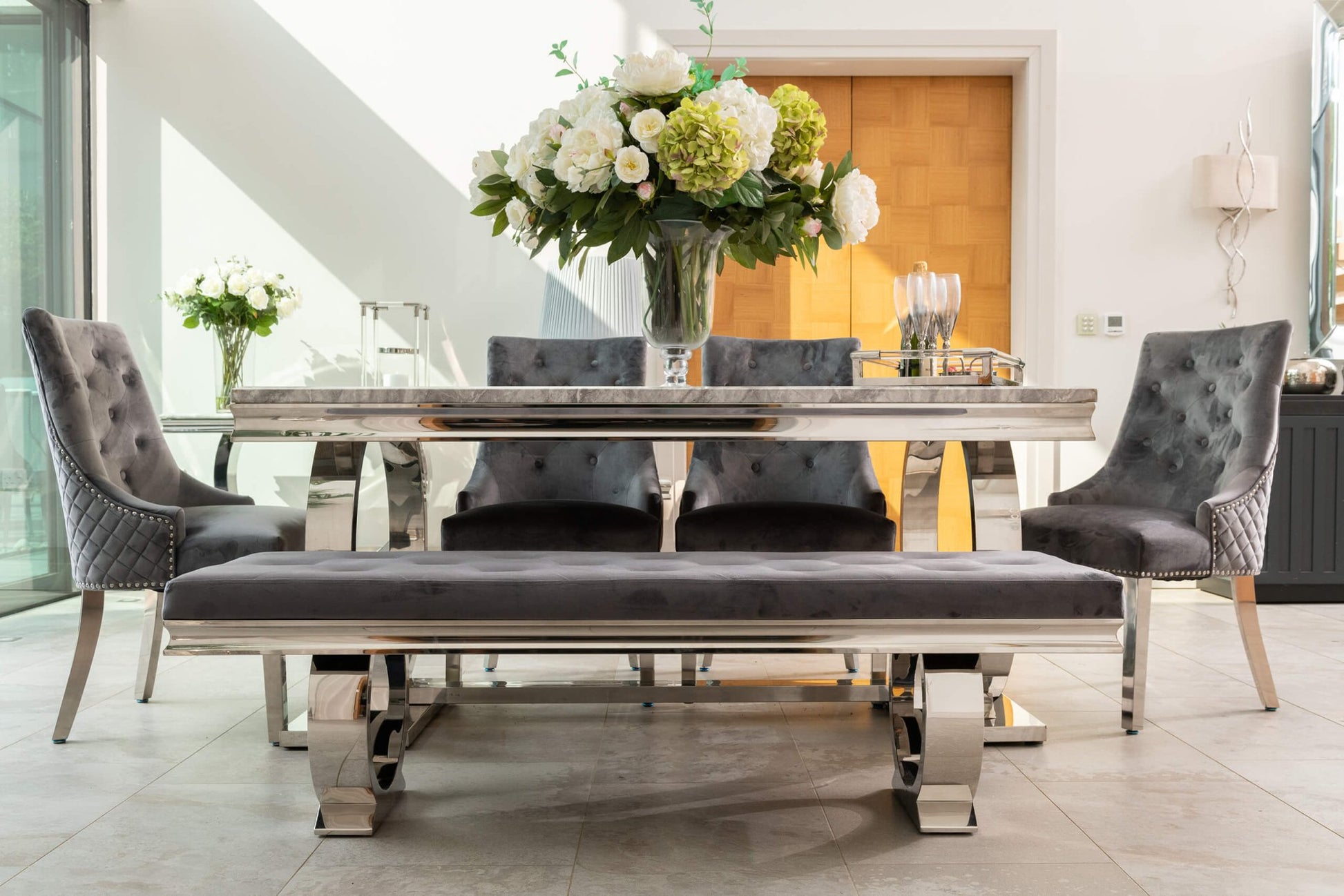 Arianna Grey Marble Dining Table with 4 or 6 Lion Knocker Chairs - The Outlet Home