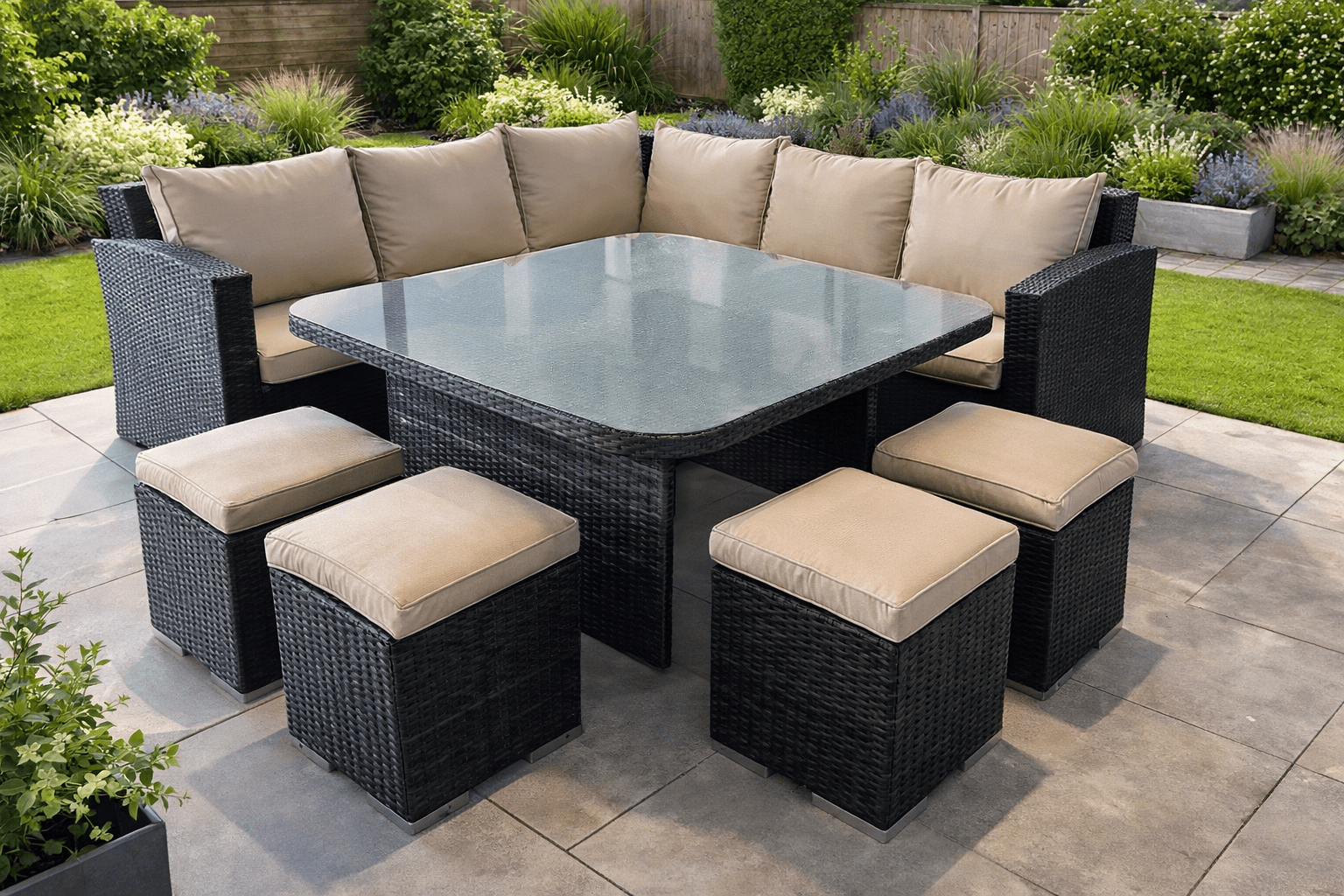 Ashcroft Rattan Corner Sofa Casual Dining Set with 4 Stools - The Outlet Home