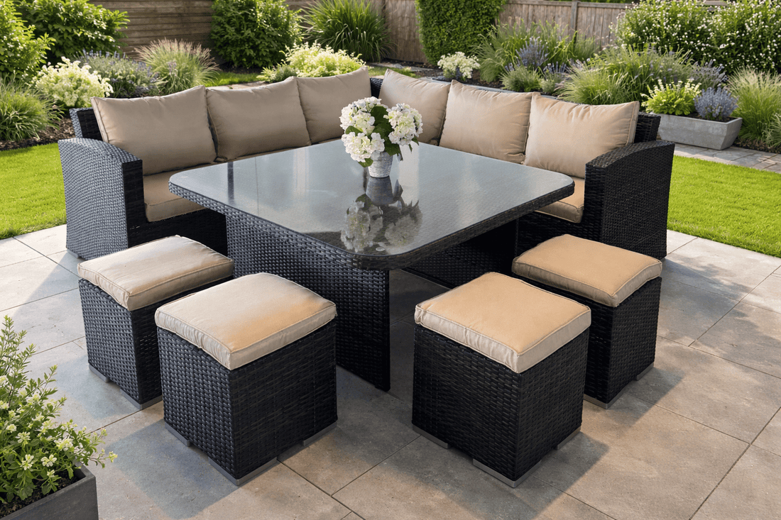 Ashcroft Rattan Corner Sofa Casual Dining Set with 4 Stools - The Outlet Home