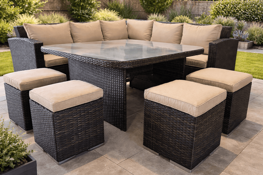 Ashcroft Rattan Corner Sofa Casual Dining Set with 4 Stools - The Outlet Home
