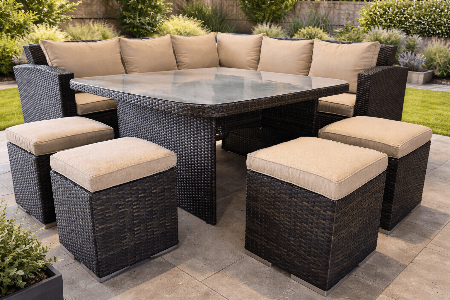 Ashcroft Rattan Corner Sofa Casual Dining Set with 4 Stools - The Outlet Home