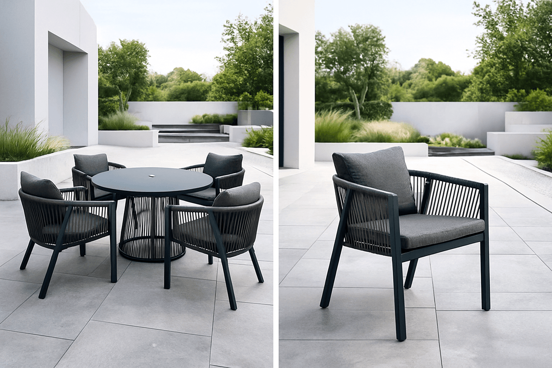 Aura Aluminium 4 Seat Round Dining Set with Olefin Rope Chairs - The Outlet Home