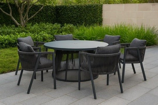 Aura Aluminium 8 Seat Round 185 cm Dining Set with Olefin Rope Chairs - Pre Order Feb 2026 delivery - The Outlet Home