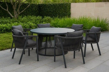 Aura Aluminium 8 Seat Round 185 cm Dining Set with Olefin Rope Chairs - Pre Order Feb 2026 delivery - The Outlet Home