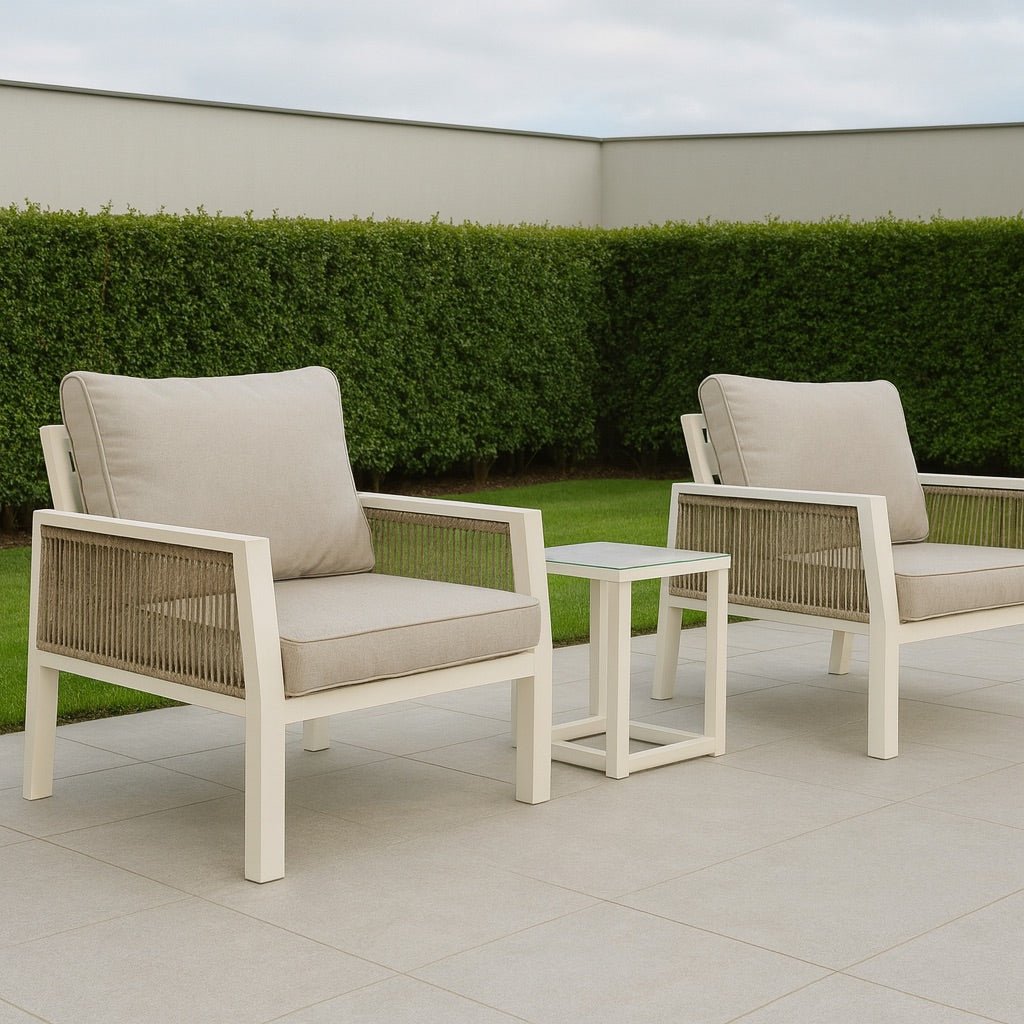 Aura Aluminium Natural Bistro Set with Olefin Rope Chairs – Modern Outdoor Bistro Furniture - Pre Order Feb 2026 - The Outlet Home