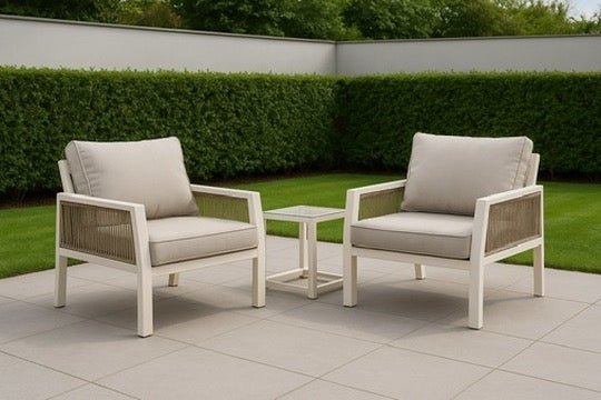 Aura Aluminium Natural Bistro Set with Olefin Rope Chairs – Modern Outdoor Bistro Furniture - Pre Order Feb 2026 - The Outlet Home