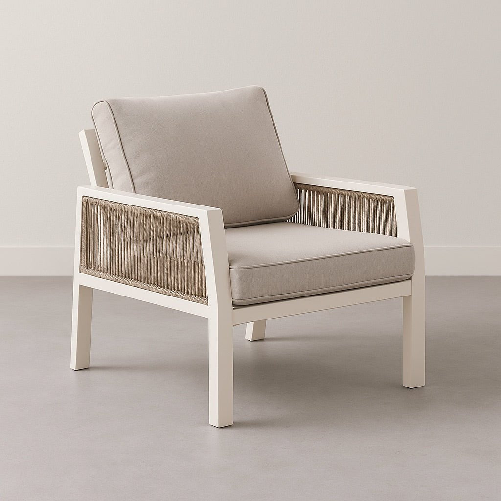 Aura Aluminium Natural Bistro Set with Olefin Rope Chairs – Modern Outdoor Bistro Furniture - Pre Order Feb 2026 - The Outlet Home