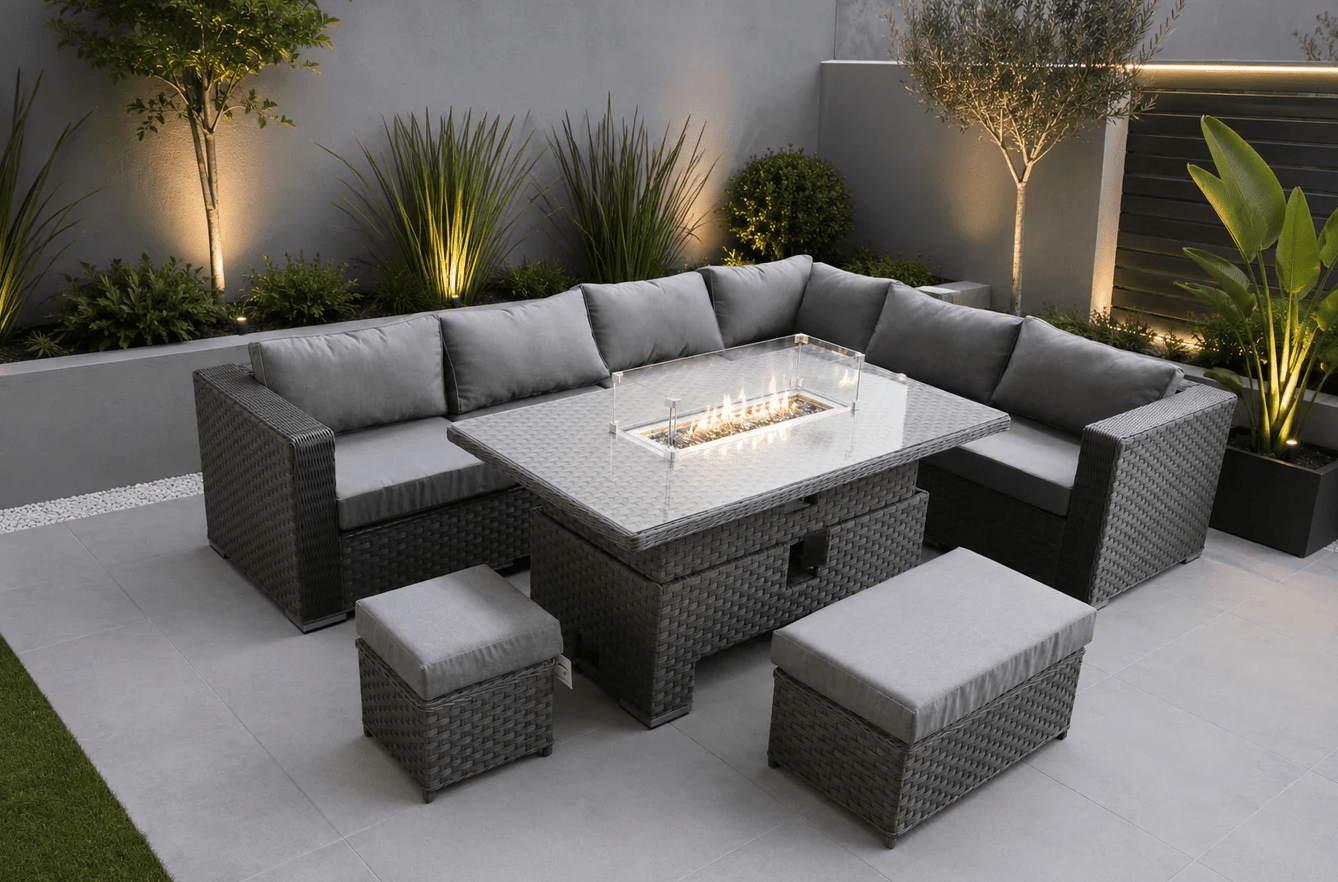 Ava Corner Sofa with Rise and Fall Fire Pit Dining Table - Order by 14th May for Free Parasol & Weather Cover - The Outlet Home