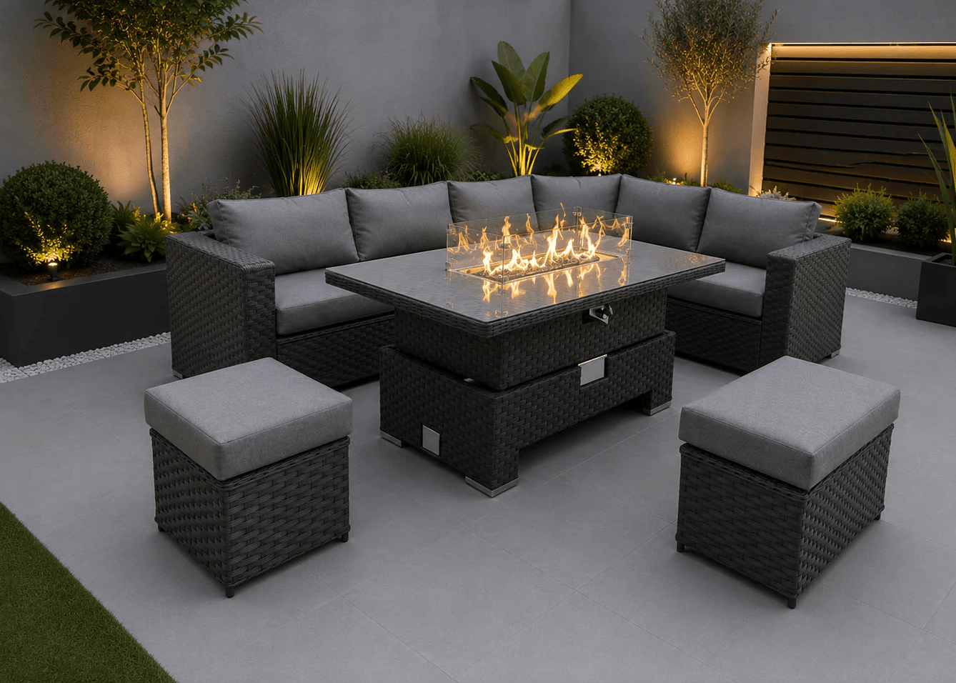 Ava Corner Sofa with Rise and Fall Fire Pit Dining Table - Order by 14th May for Free Parasol & Weather Cover - The Outlet Home