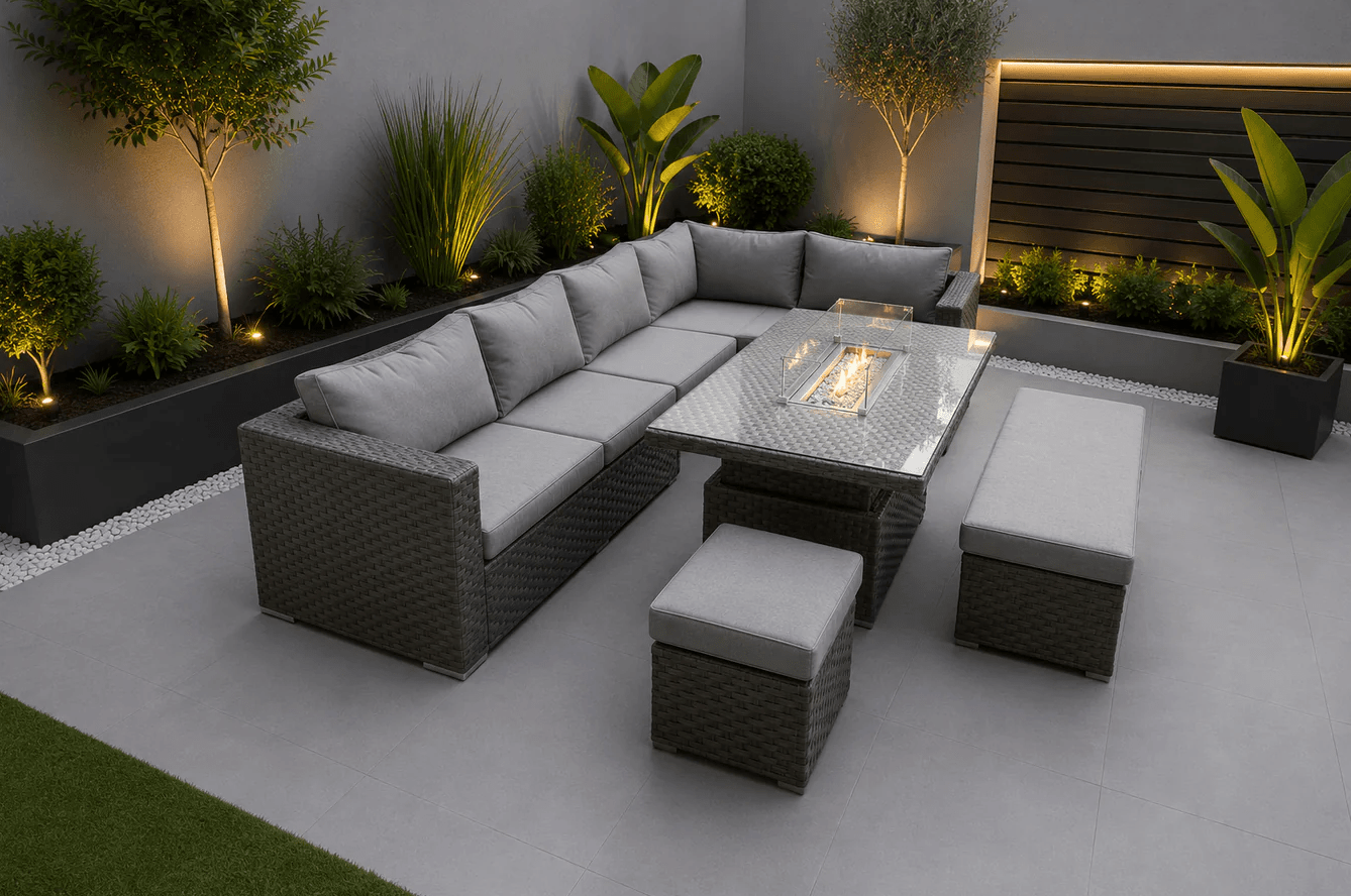 Ava Corner Sofa with Rise and Fall Fire Pit Dining Table - Order by 14th May for Free Parasol & Weather Cover - The Outlet Home