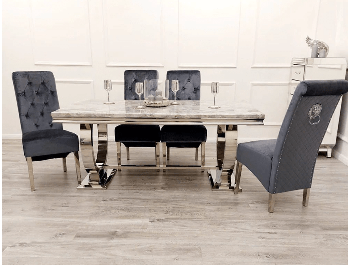 Brand New Arianna Cream Marble Dining Table with 4, 6 or 8 Grey Emma Chairs Available in 1.5, 1.8 or 2.0 - The Outlet Home