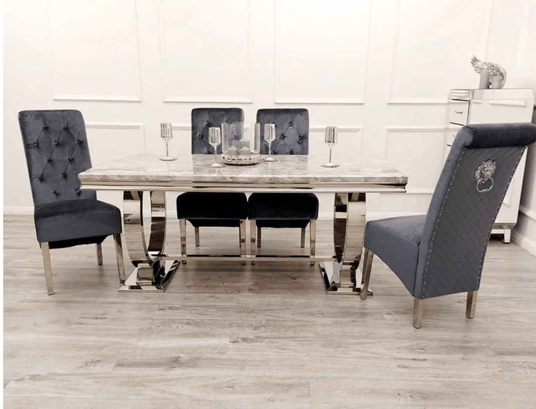 Brand New Arianna Cream Marble Dining Table with 4, 6 or 8 Grey Emma Chairs Available in 1.5, 1.8 or 2.0 - The Outlet Home