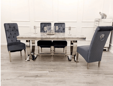 Brand New Arianna Cream Marble Dining Table with 4, 6 or 8 Grey Emma Chairs Available in 1.5, 1.8 or 2.0 - The Outlet Home