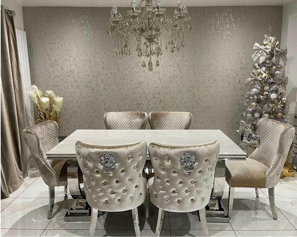 Brand New Arianna Cream Marble Dining Table with 4 or 6 Mink Chairs Available in 1.5, 1.8 or 2.0 - The Outlet Home