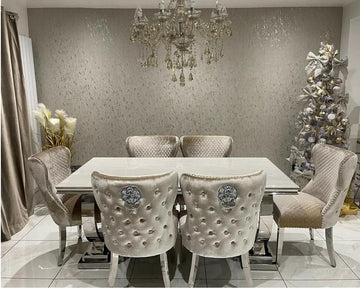 Brand New Arianna Cream Marble Dining Table with 4 or 6 Mink Chairs Available in 1.5, 1.8 or 2.0 - The Outlet Home
