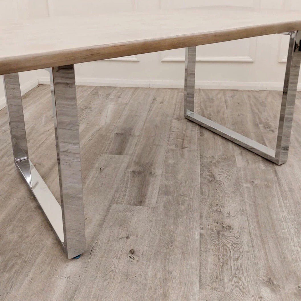 Brand New Freya 1.8m Dining Table Solid Light Pine wood with Chrome Metal Legs - The Outlet Home