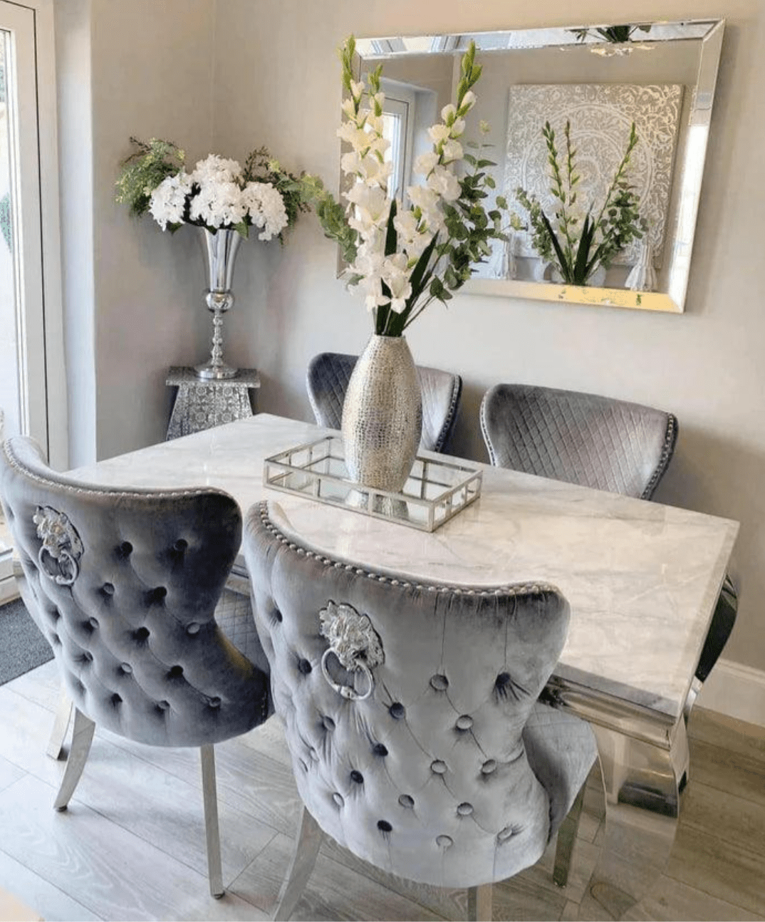 Brand New Louis 1.5 Dining Table with 4 Chelsea Chairs Silver Shimmer - The Outlet Home