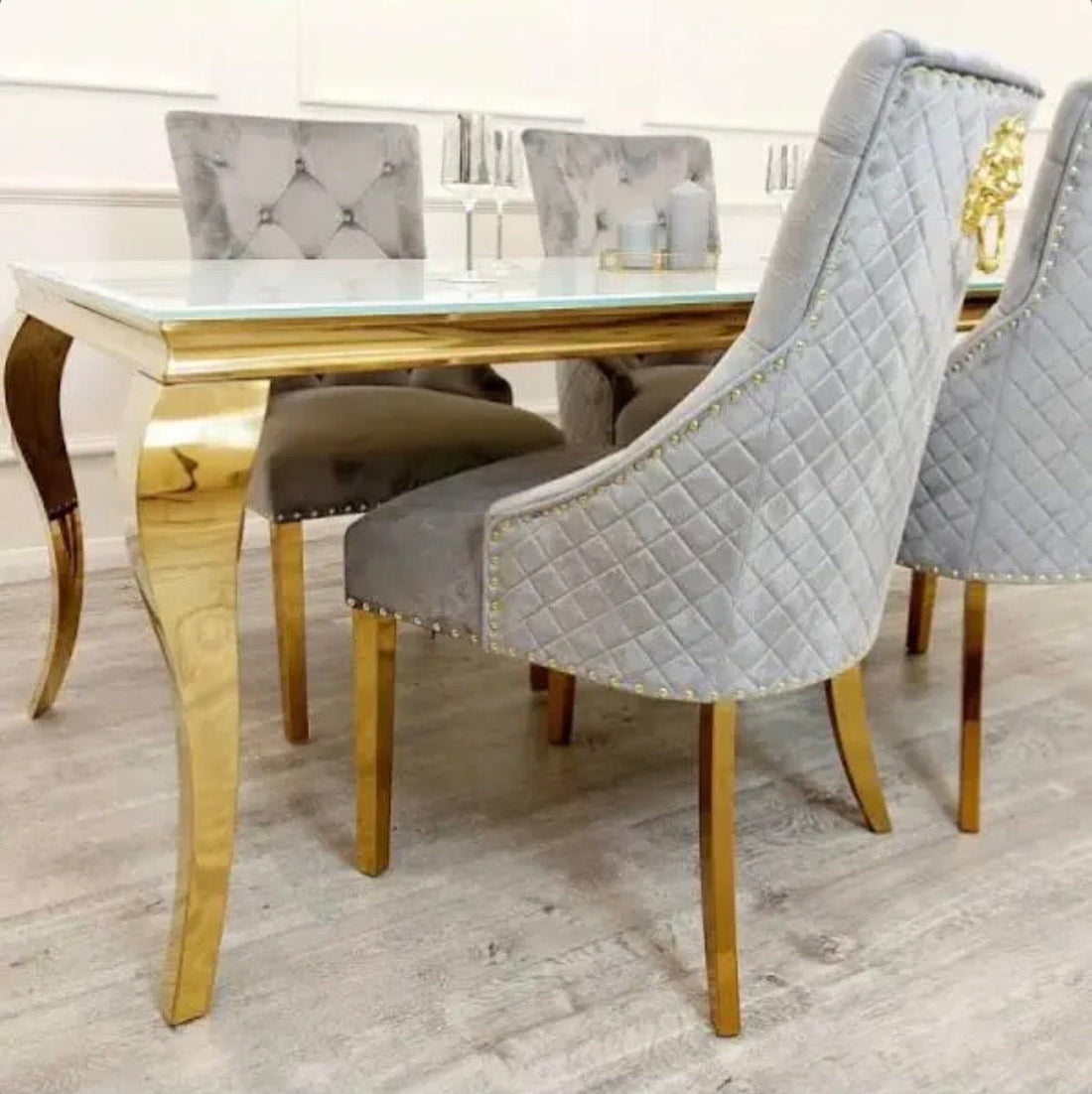 Brand New Louis Gold Frame Dining Table with 4 or 6 Bentley Gold and Grey chairs - The Outlet Home