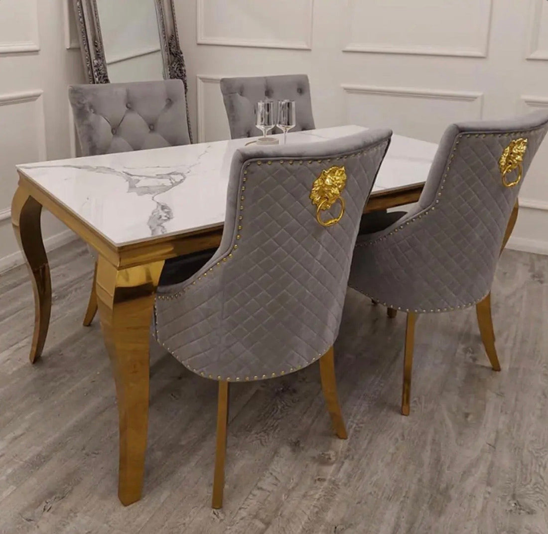 Brand New Louis Gold Frame Dining Table with 4 or 6 Bentley Gold and Grey chairs - The Outlet Home