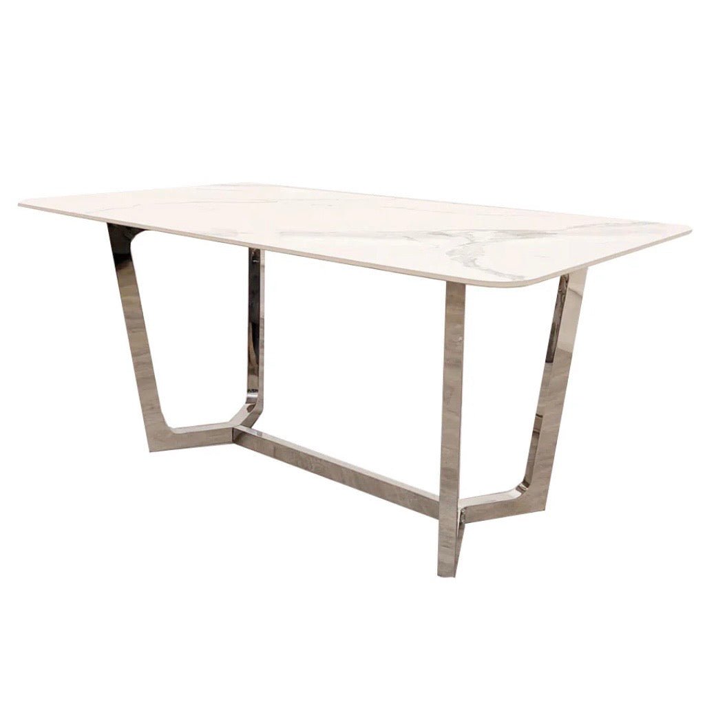 Brand New Lucien 1.6m Chrome Dining Table with Polar White Sintered Stone Top - The Outlet Home