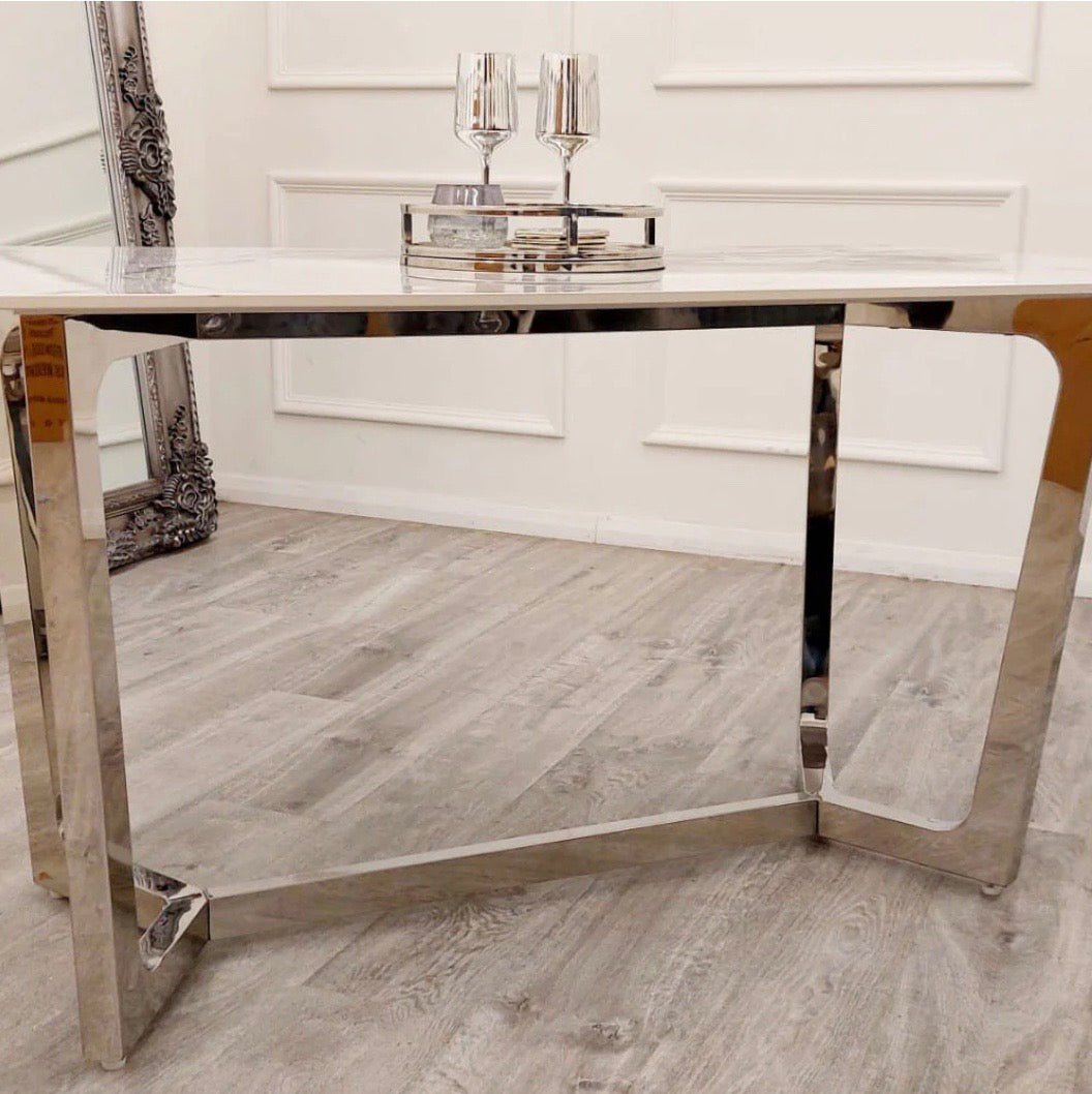 Brand New Lucien 1.6m Chrome Dining Table with Polar White Sintered Stone Top - The Outlet Home