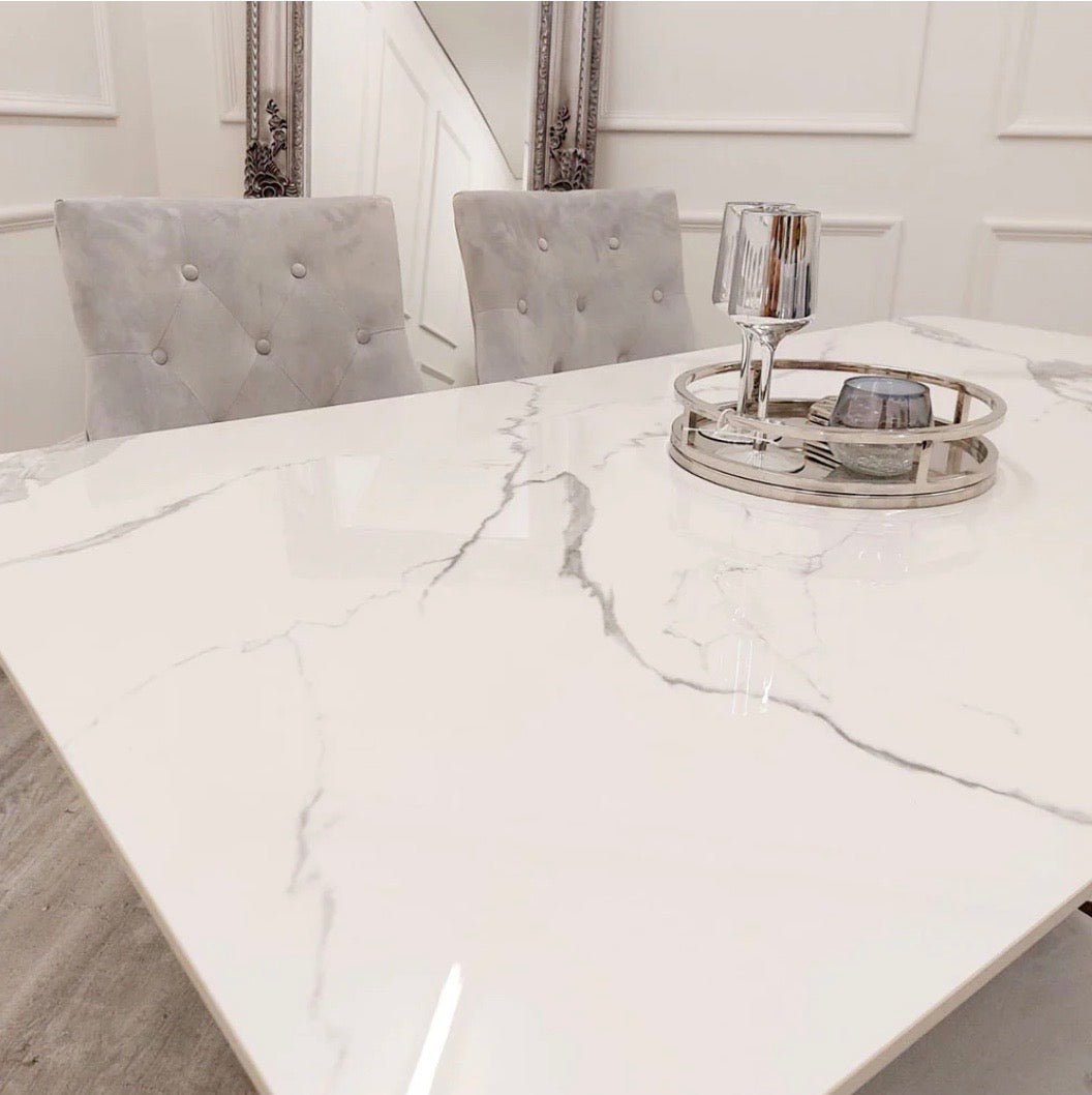 Brand New Lucien 1.6m Chrome Dining Table with Polar White Sintered Stone Top - The Outlet Home