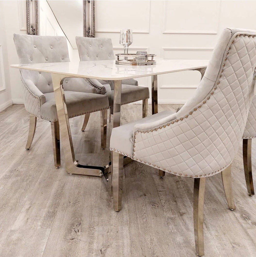 Brand New Lucien 1.6m Chrome Dining Table with Polar White Sintered Stone Top - The Outlet Home