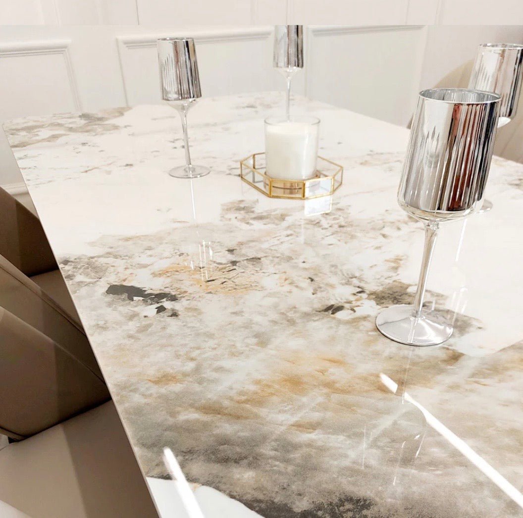 Brand New Lucien 1.8m Gold Dining Table with Pandora Gold Sintered Stone Top - The Outlet Home