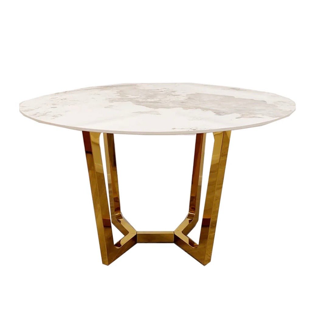 Brand New Lucien Pandora Gold 1.2m Round Dining Table with Sintered Stone Top - The Outlet Home