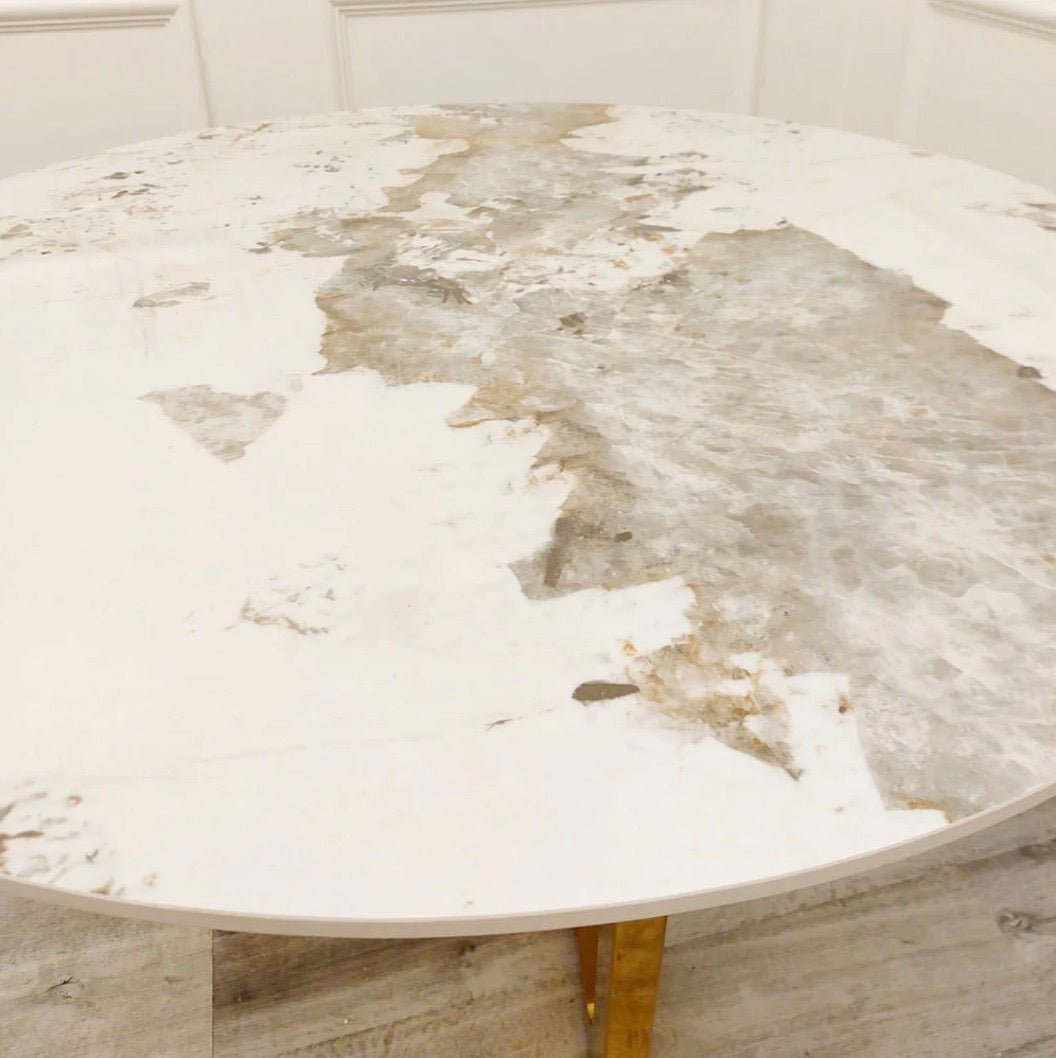 Brand New Lucien Pandora Gold 1.2m Round Dining Table with Sintered Stone Top - The Outlet Home