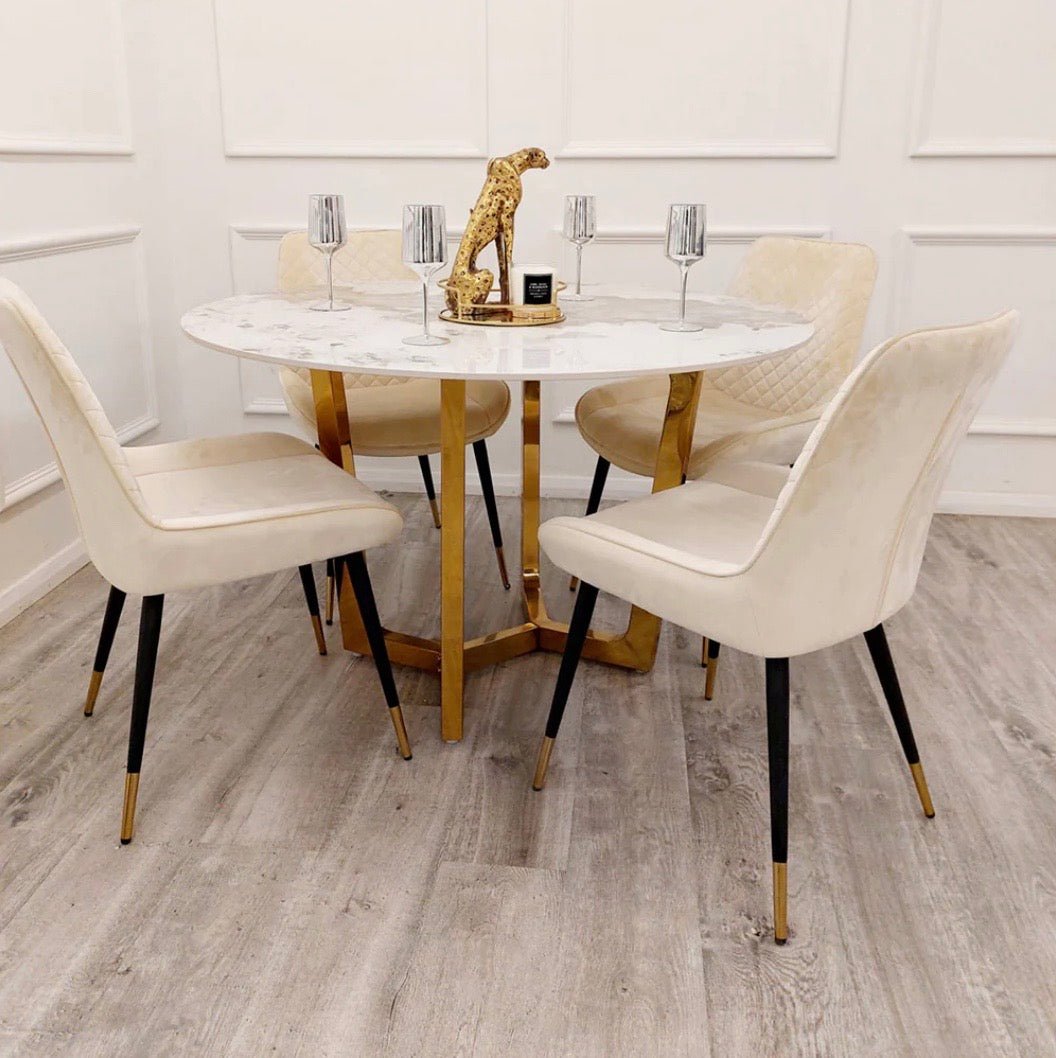 Brand New Lucien Pandora Gold 1.2m Round Dining Table with Sintered Stone Top - The Outlet Home