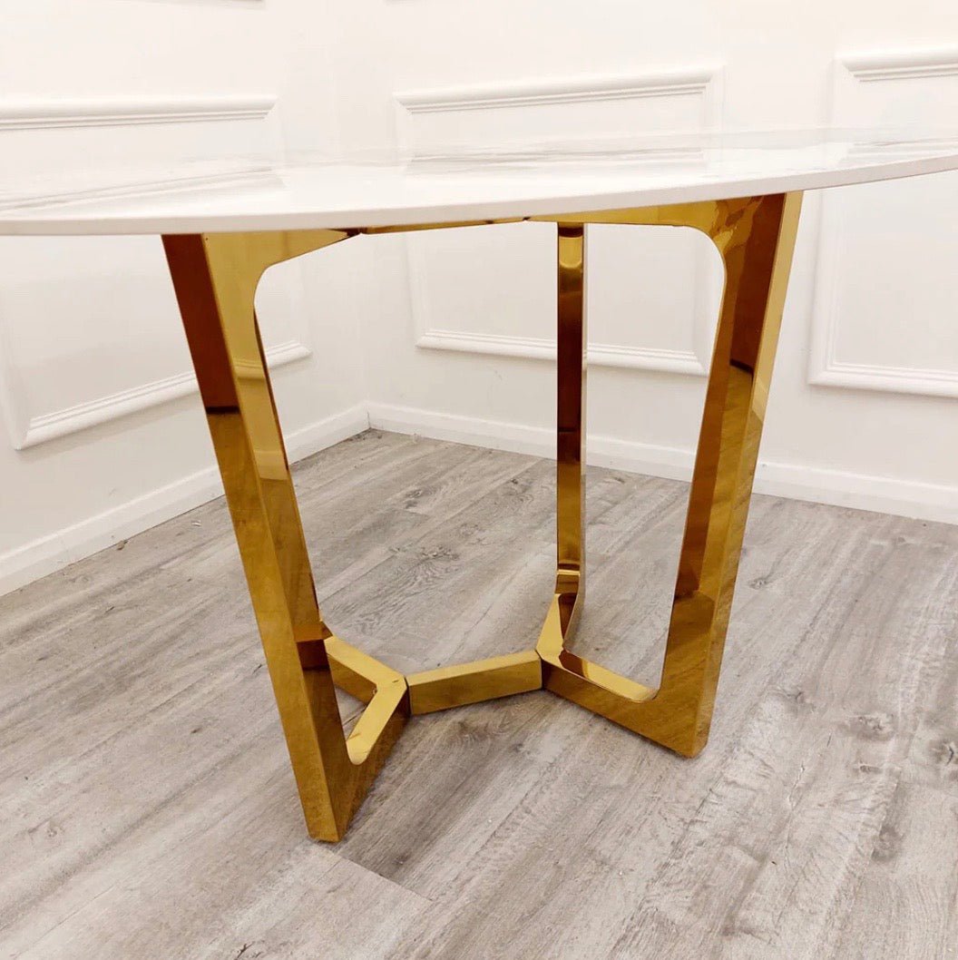 Brand New Lucien Pandora Gold 1.2m Round Dining Table with Sintered Stone Top - The Outlet Home