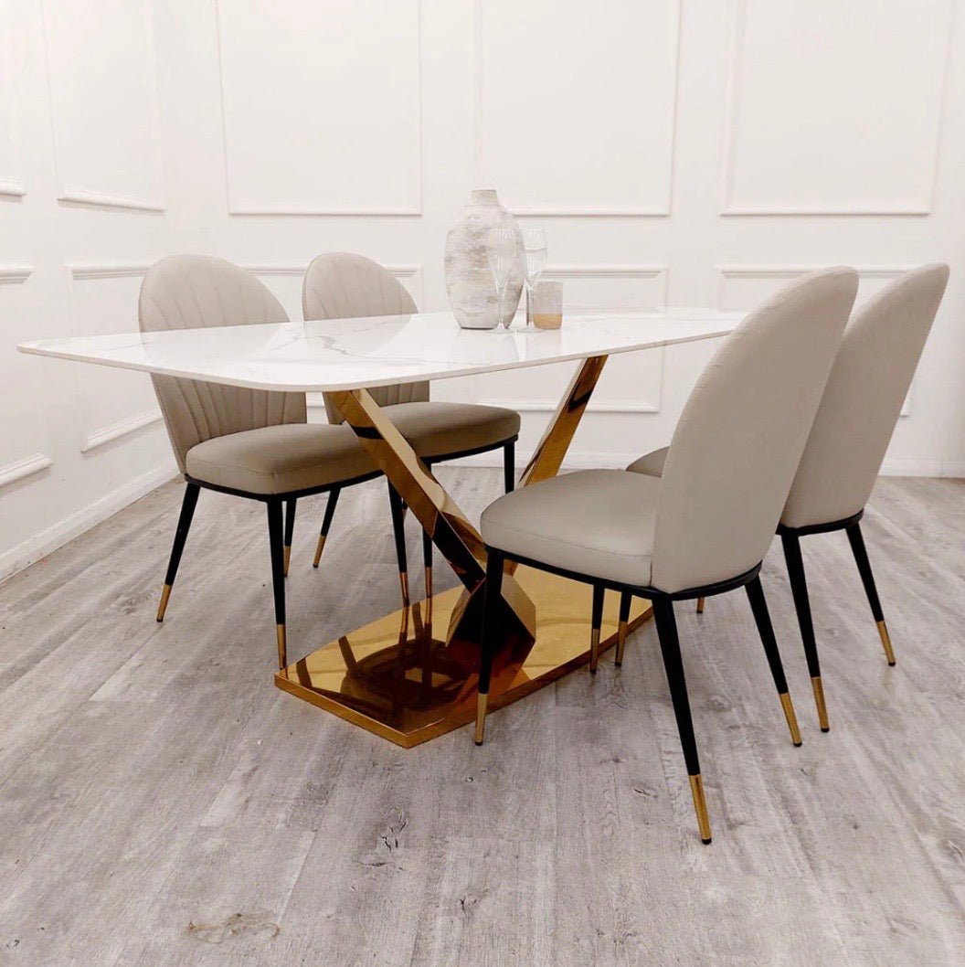 Brand New Valeo Gold 1.8m Dining Table with Polar White Sintered Stone Top - The Outlet Home