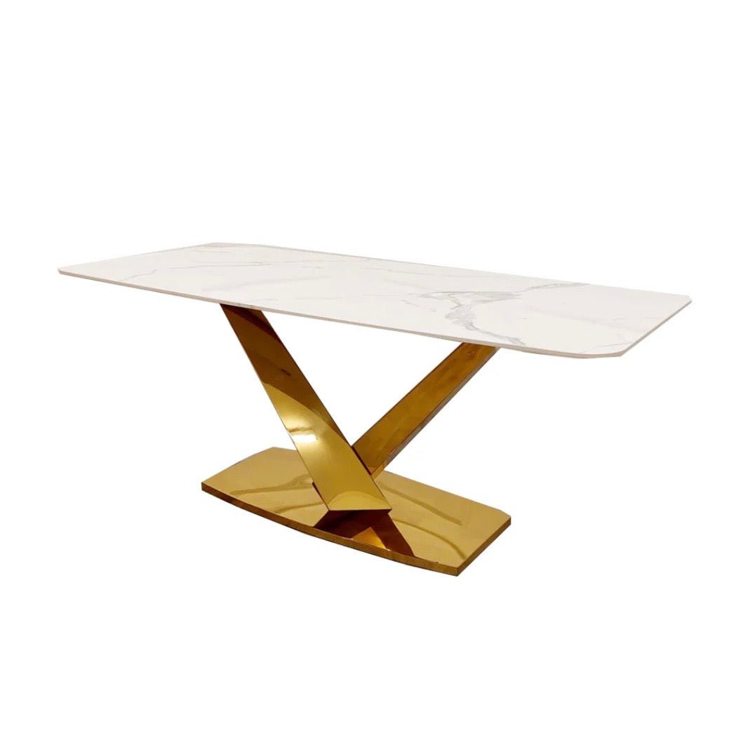 Brand New Valeo Gold 1.8m Dining Table with Polar White Sintered Stone Top - The Outlet Home