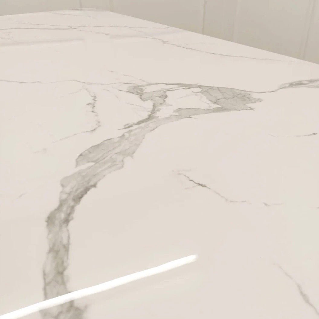 Brand New Valeo Gold 1.8m Dining Table with Polar White Sintered Stone Top - The Outlet Home